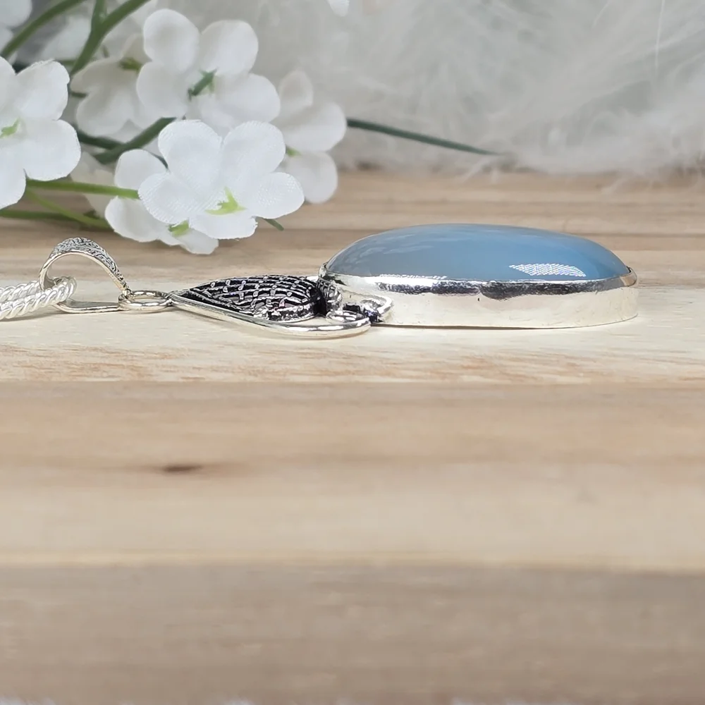 Vintage Style Blue Chalcedony Gemstone Pendant Necklace Country Boho Whimsi New